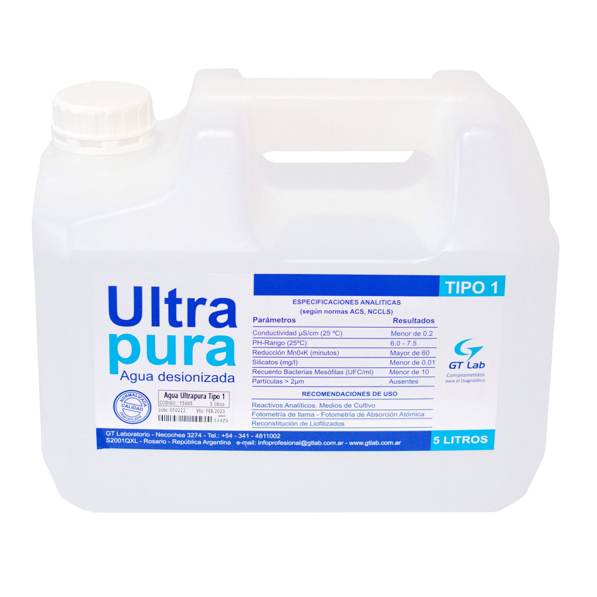 Agua Ultra Pura Tipo 1 - 5000 ml - 15005 - Gt Laboratorio