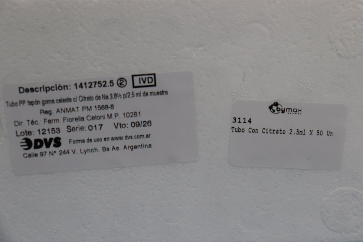 Tubo 12.75 C/CItrato 3.8% 2.5 ml X 50 Unidades - 1412752.5 - DVS