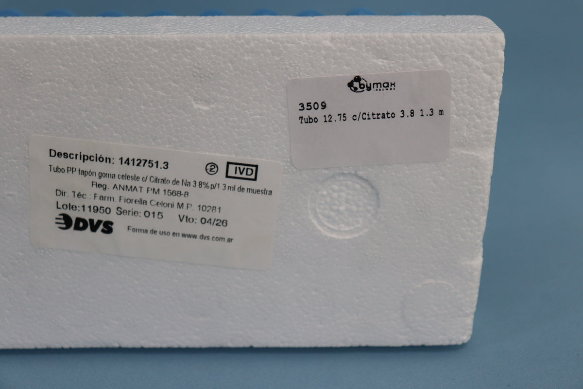 Tubo 12.75 C/Citrato 3.8% 1.3 ml X 50 Unidades - 1412751.3 - DVS